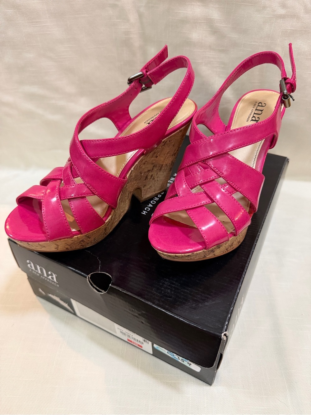 a.n.a Fuchsia Pink Strappy Cork Wedge Sandals 4.5” Heel Size 8 “Stephanie” Model